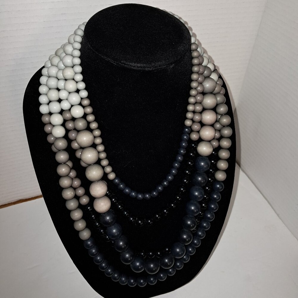 Vintage Black, Brown, and White Wood Beaded Chunky Necklace